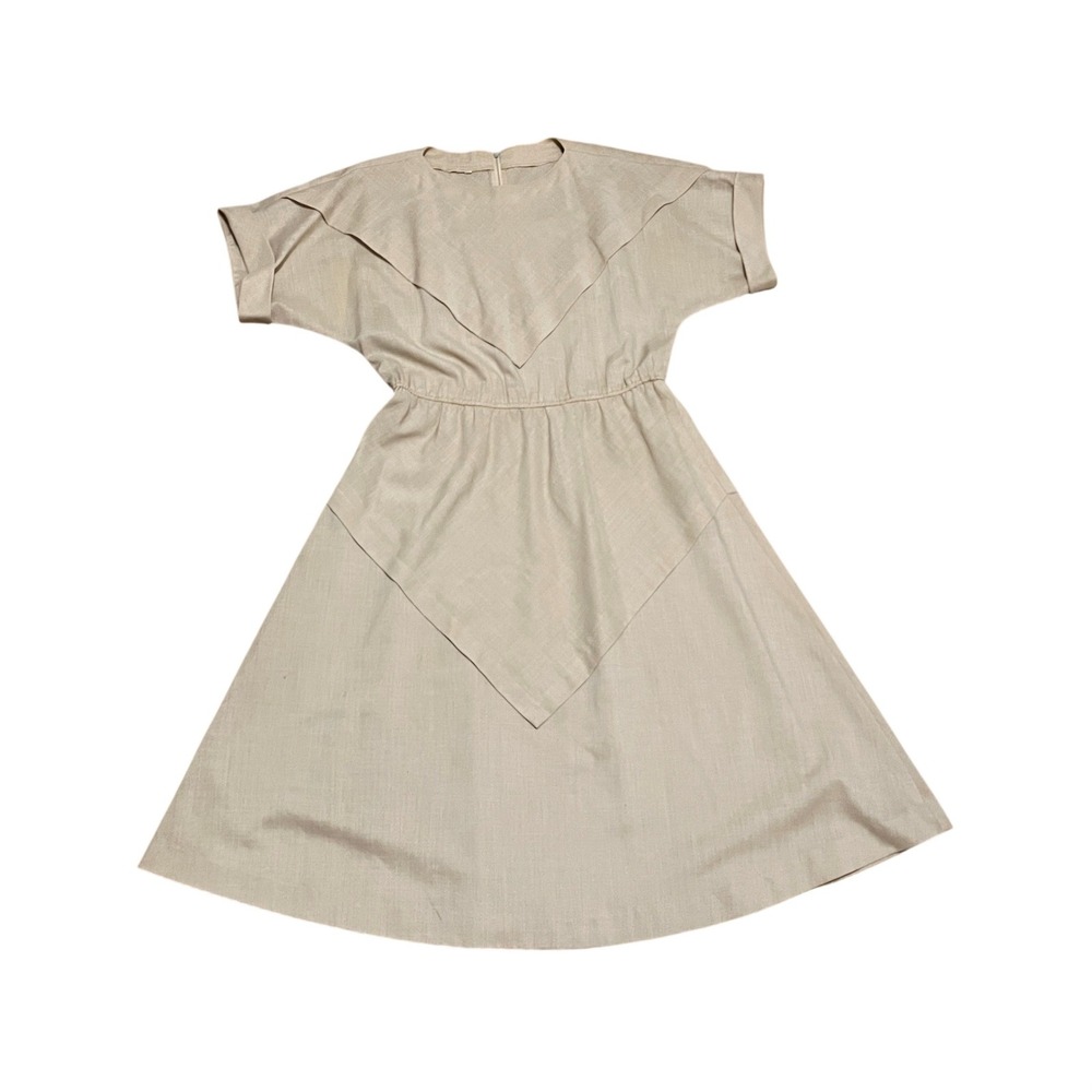 Vintage Tan Linen Architectural Midi Dress Elastic Waist Cuffed Sleeve Beige